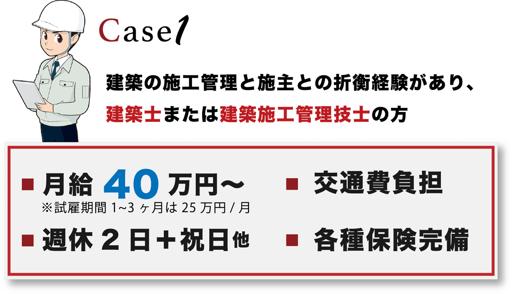 建築の施工管理と施主との折衝経験があり、建築士または建築施工管理技士の方。月給40万〜、交通費負担、週休2日+祝日他、各種保険完備